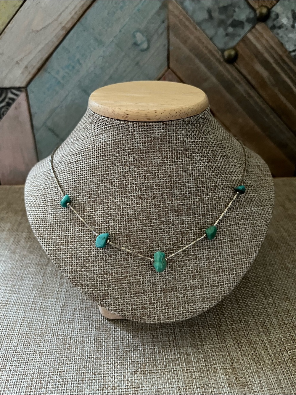 Turquoise Bead Station Necklace - Green Stone Accent